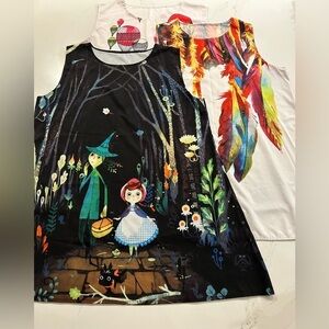 3 Tunic Dress Top Style XXL Funky Patterns Feathers, Ballounes Alice Wonderland